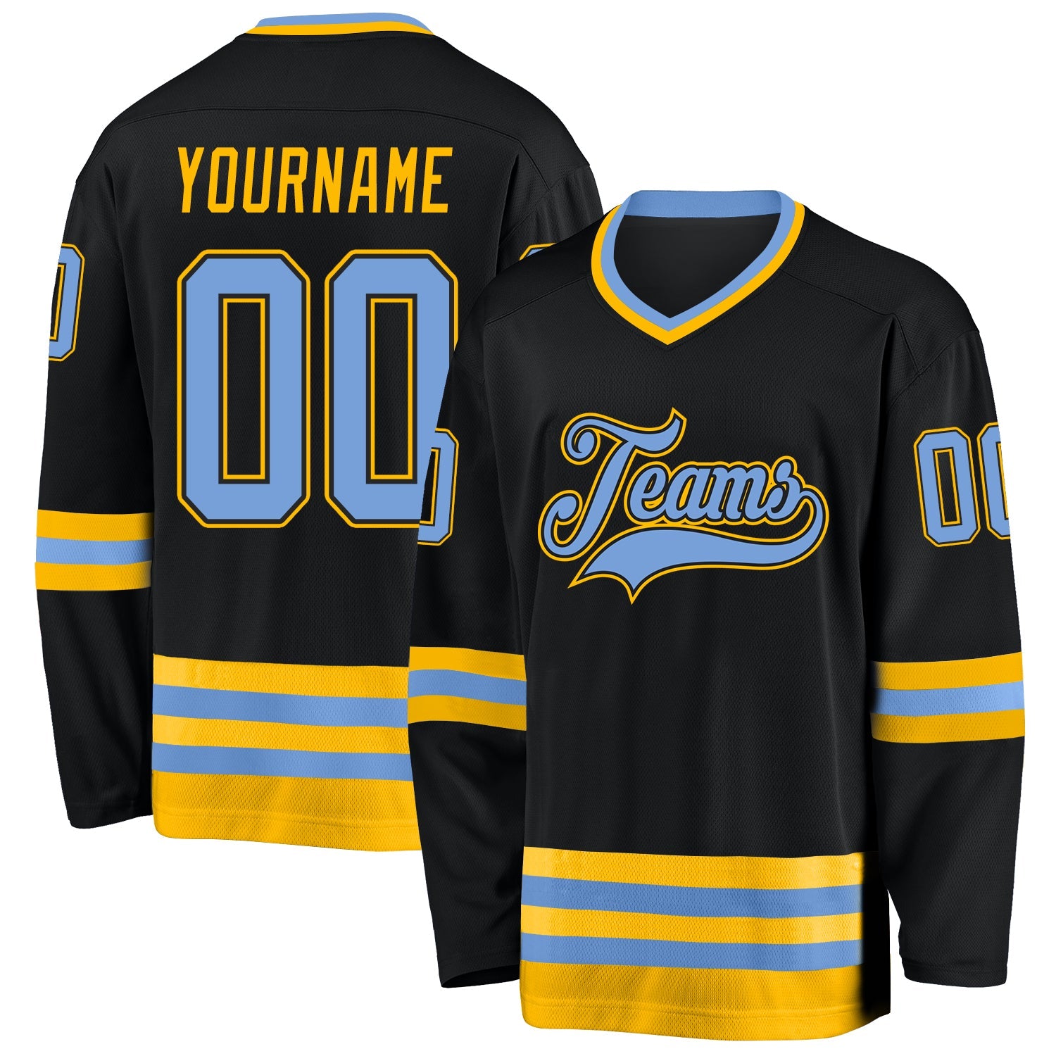 Custom Black Light Blue-Gold Hockey Jersey - Main View
