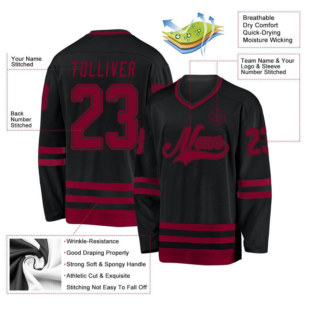 Custom Black Maroon Hockey Jersey view 3