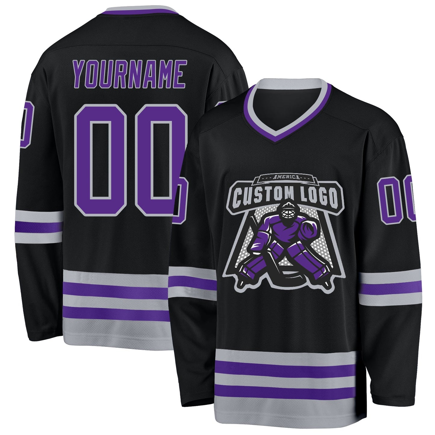 Custom Black Purple-Gray Hockey Jersey view 2