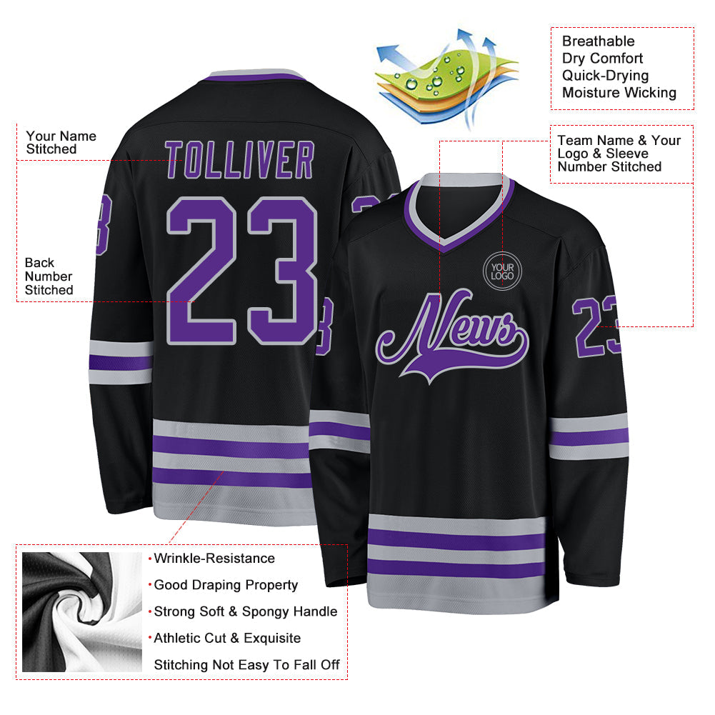 Custom Black Purple-Gray Hockey Jersey view 3