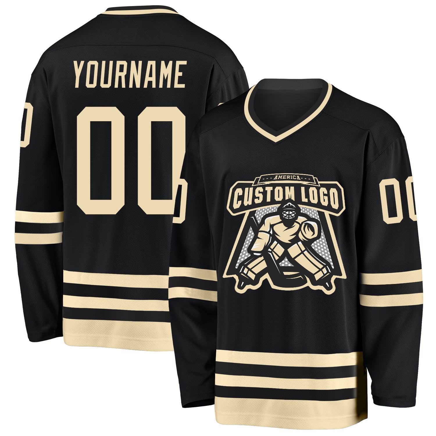 Custom Black Cream Hockey Jersey view 2