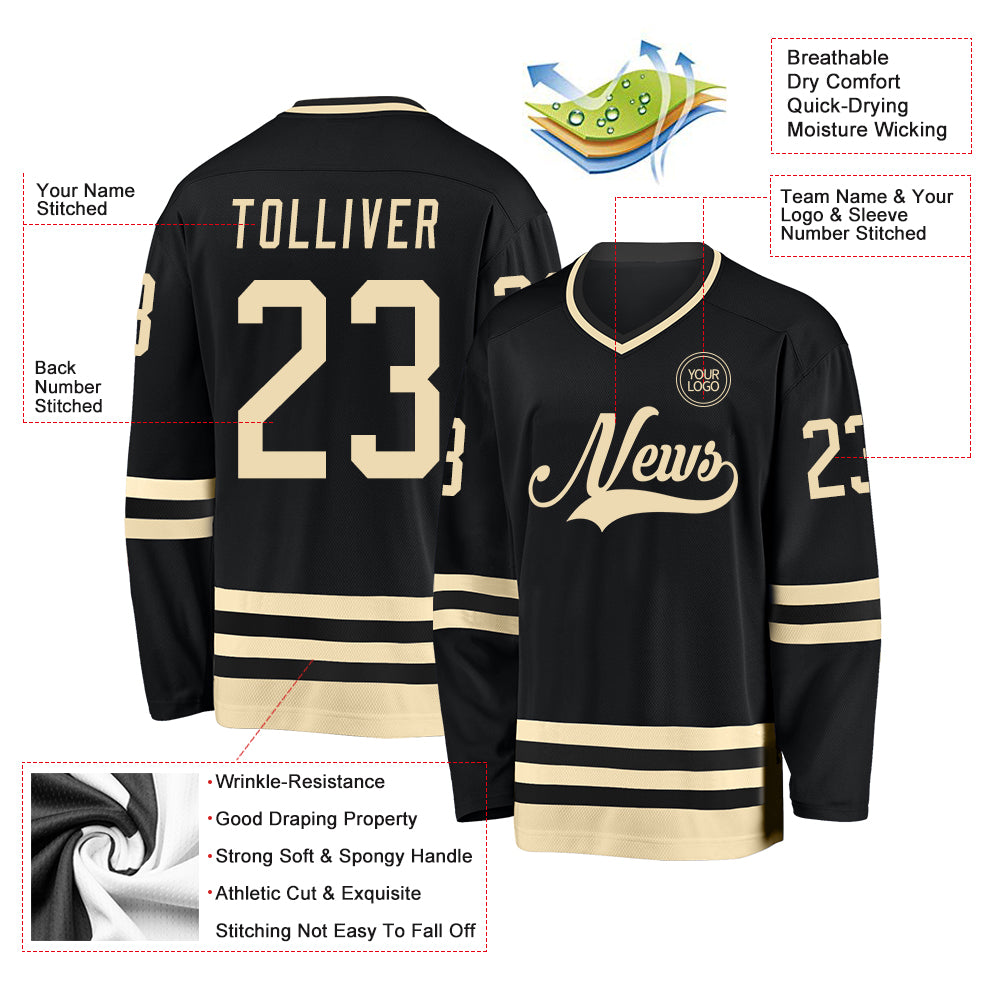 Custom Black Cream Hockey Jersey view 3