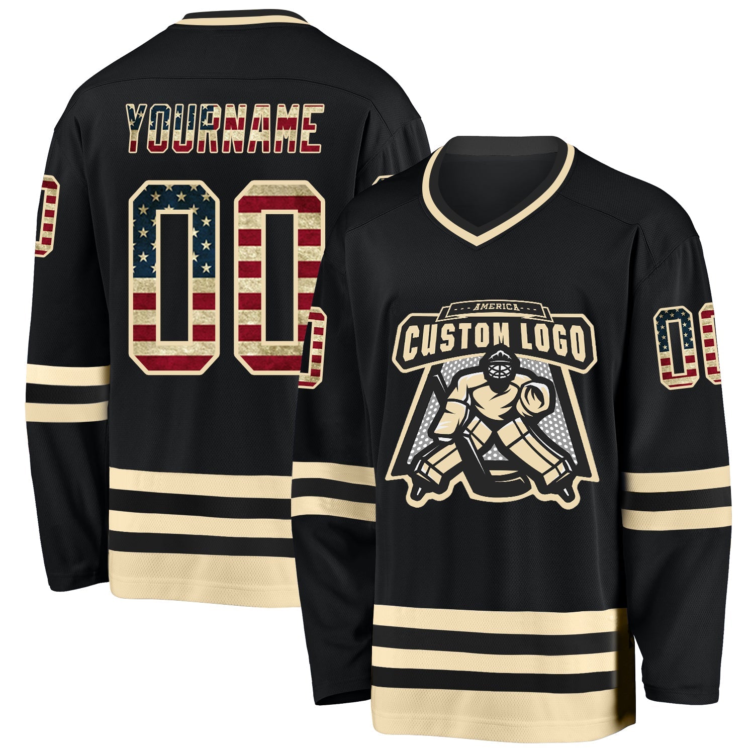 Custom Black Vintage USA Flag-Cream Hockey Jersey view 2