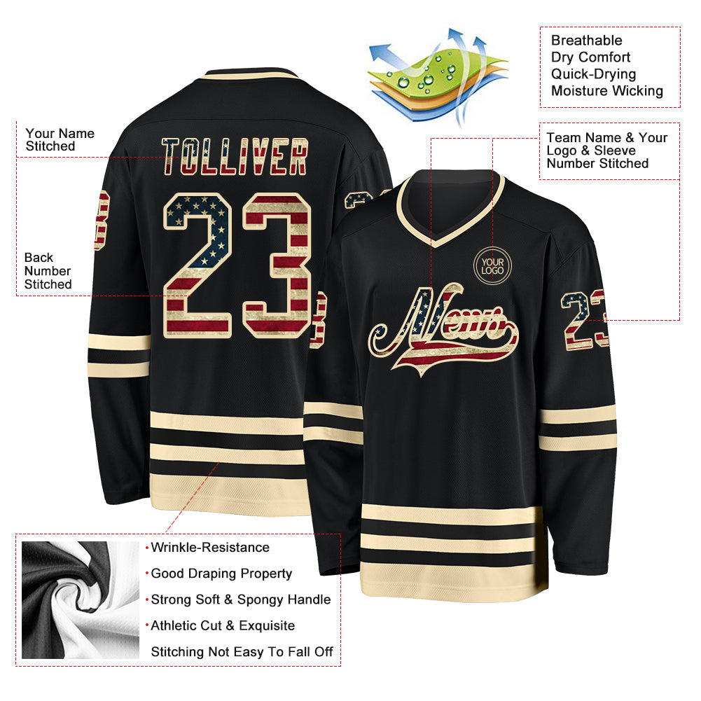 Custom Black Vintage USA Flag-Cream Hockey Jersey view 3