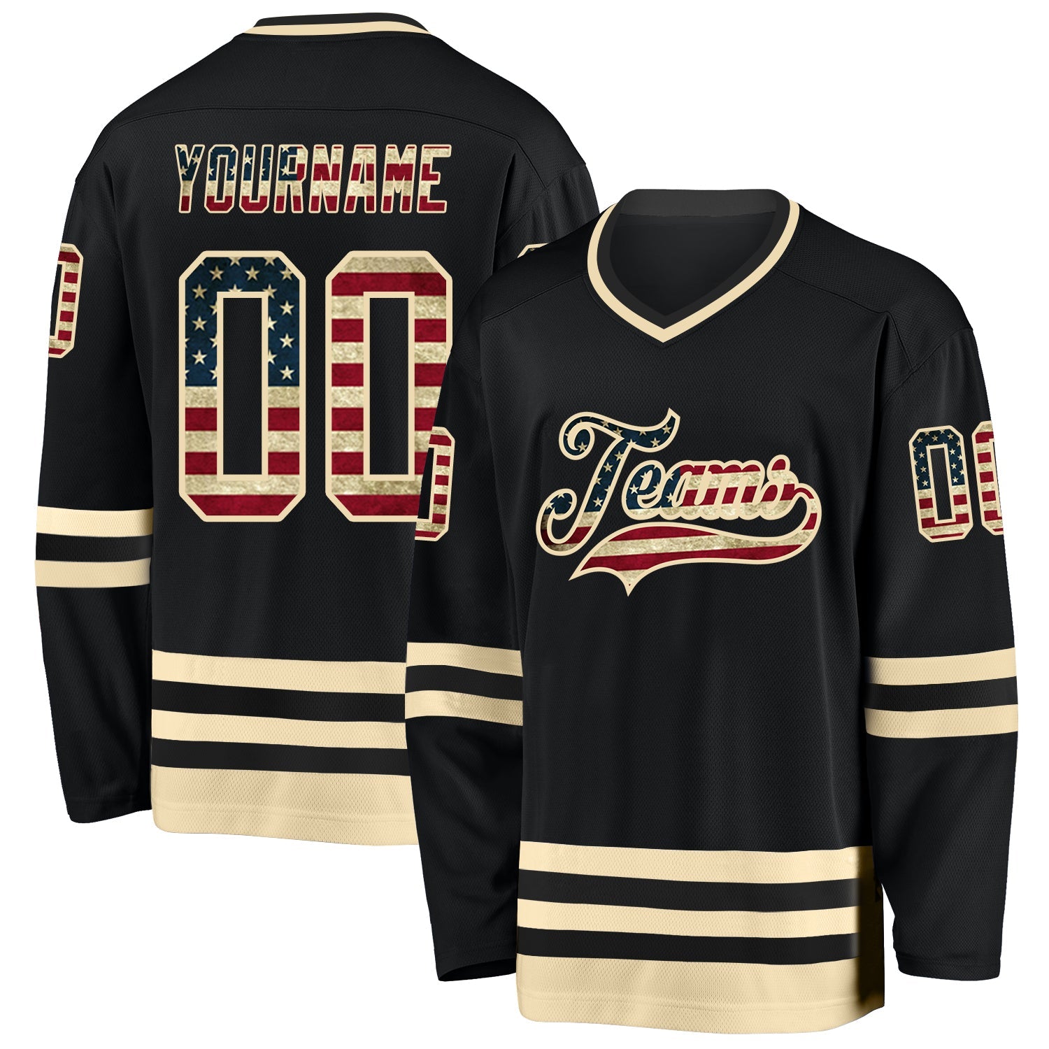 Custom Black Vintage USA Flag-Cream Hockey Jersey - Main View