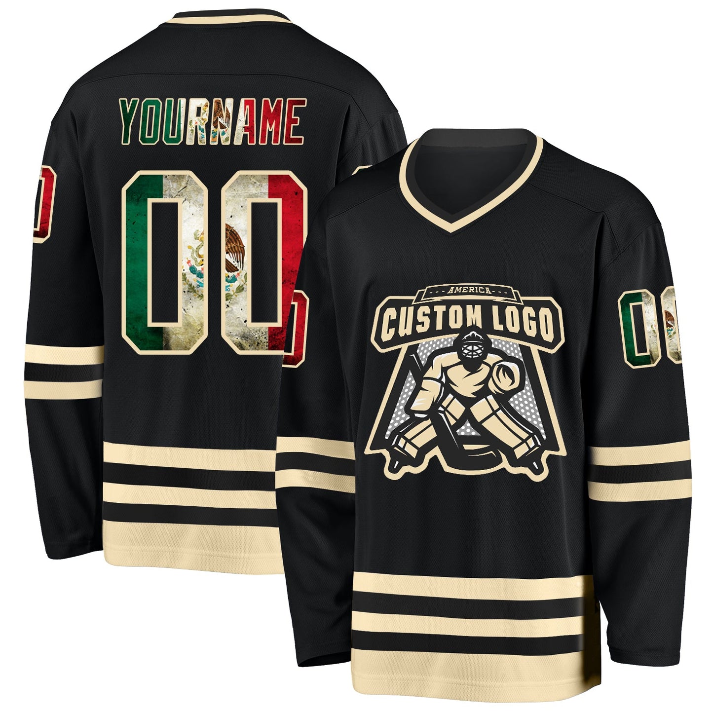Custom Black Vintage Mexican Flag-Cream Hockey Jersey view 2