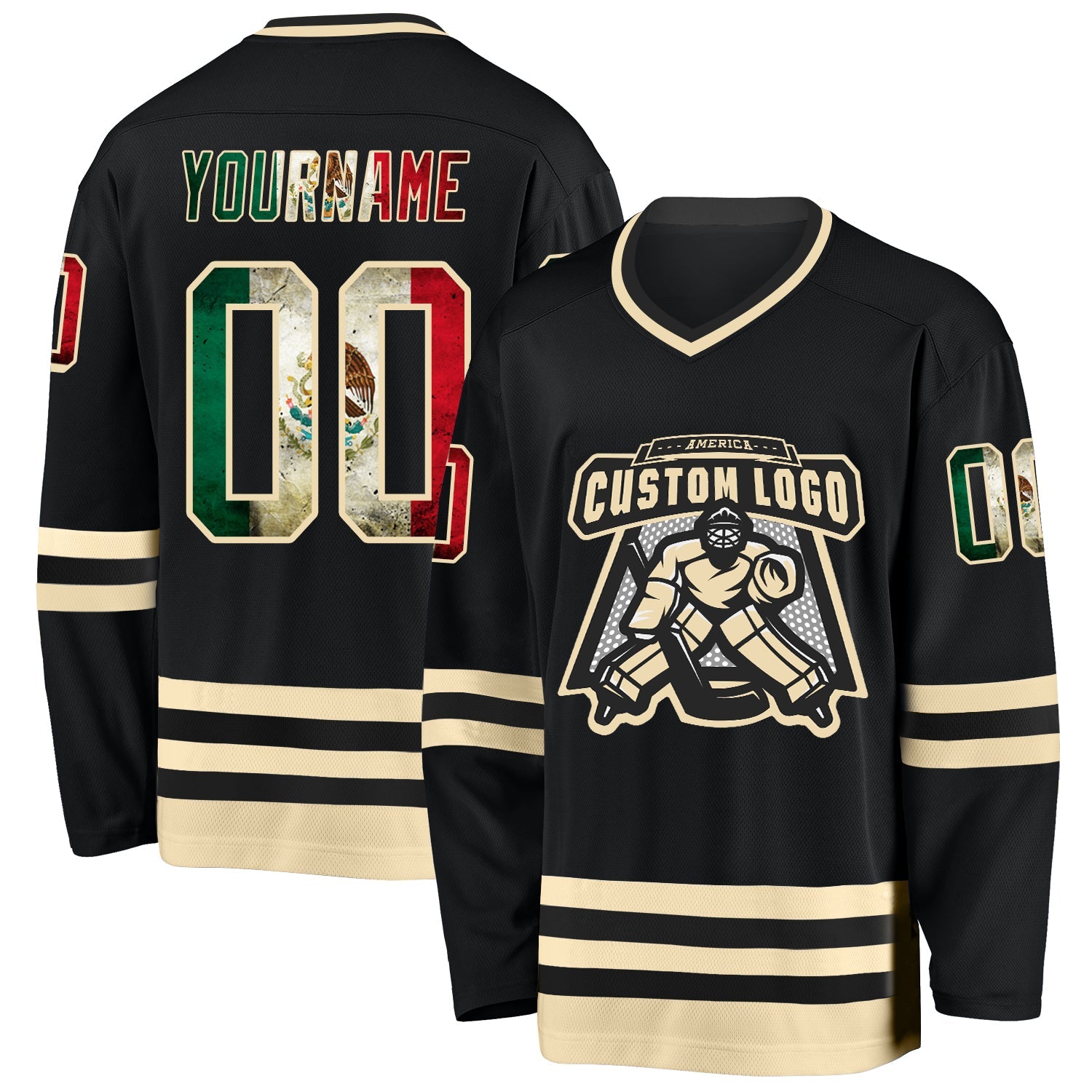 Custom Black Vintage Mexican Flag-Cream Hockey Jersey view 2