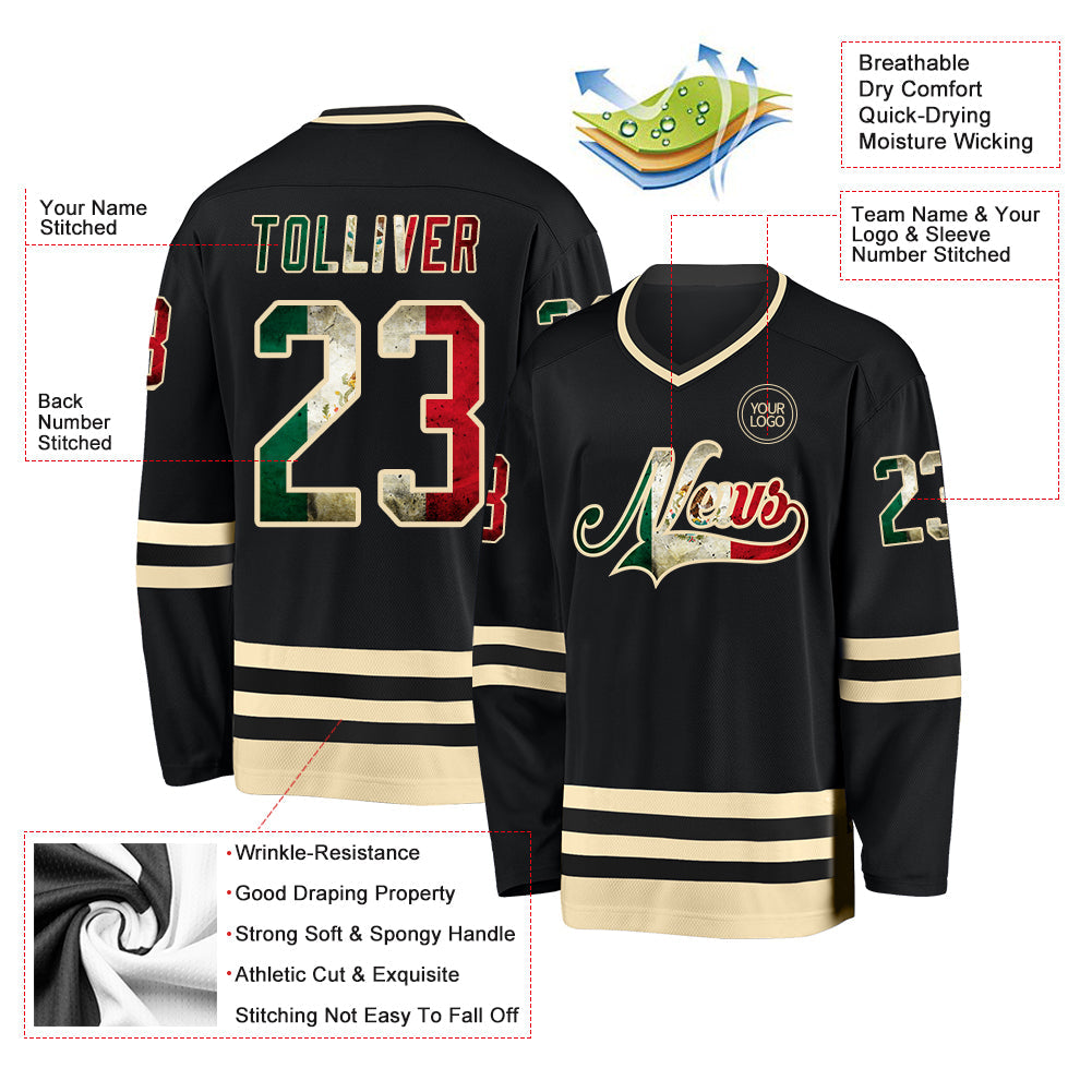 Custom Black Vintage Mexican Flag-Cream Hockey Jersey view 3
