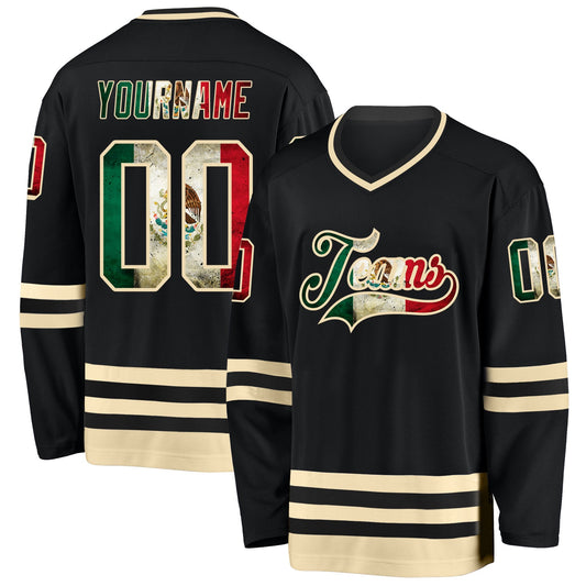 Custom Black Vintage Mexican Flag-Cream Hockey Jersey - Main View