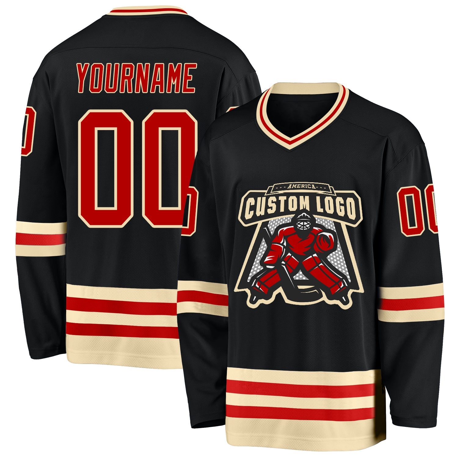 Custom Black Red-Cream Hockey Jersey view 2