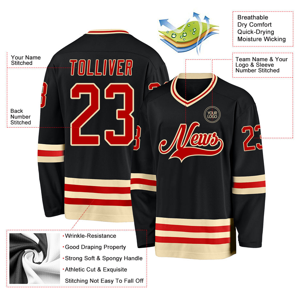 Custom Black Red-Cream Hockey Jersey view 3