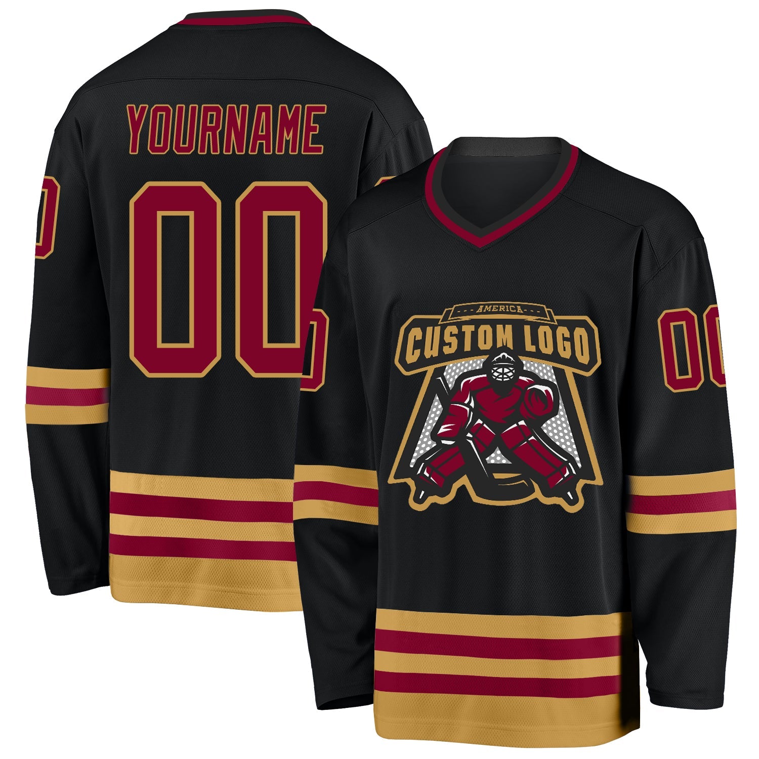 Custom Black Maroon-Old Gold Hockey Jersey view 2