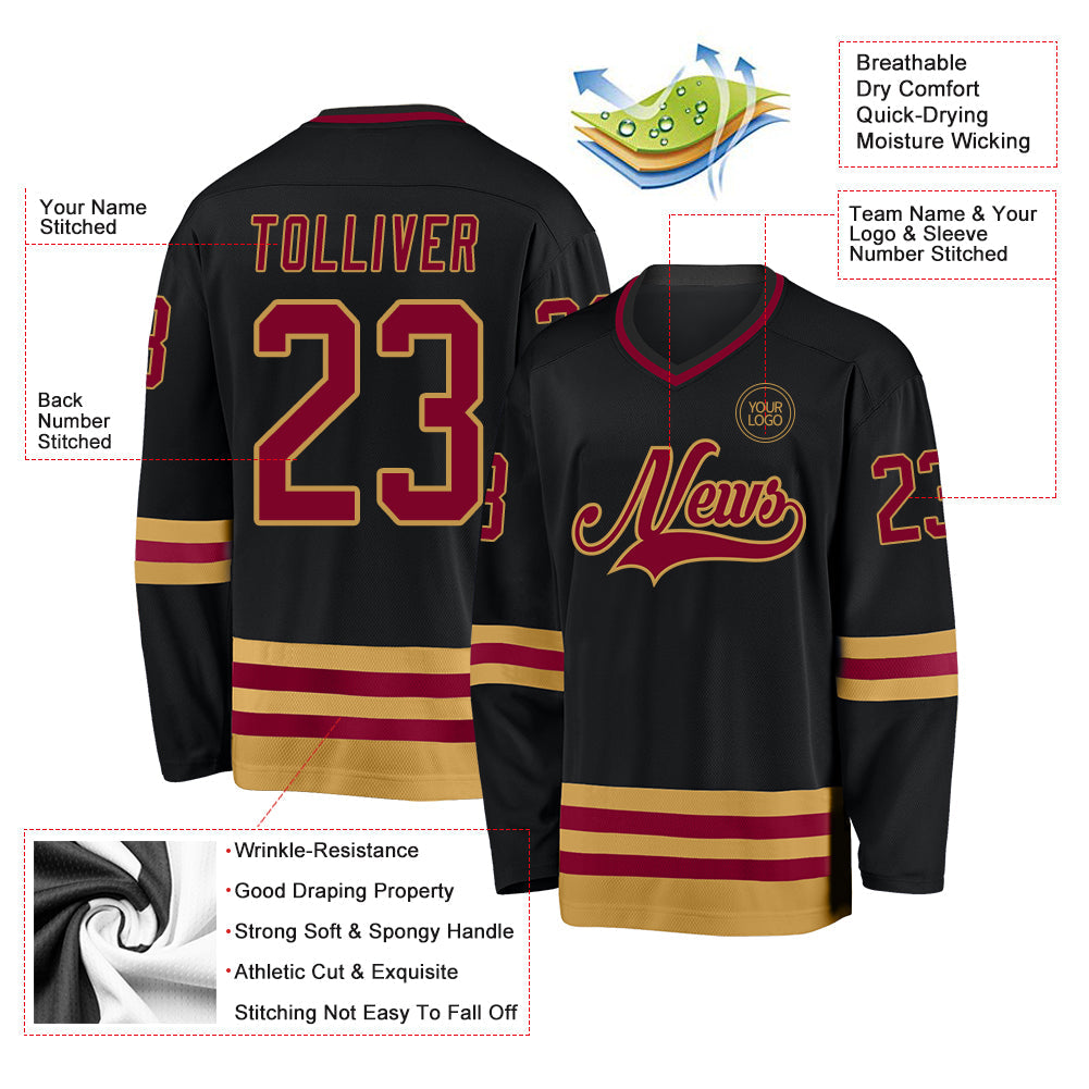 Custom Black Maroon-Old Gold Hockey Jersey view 3