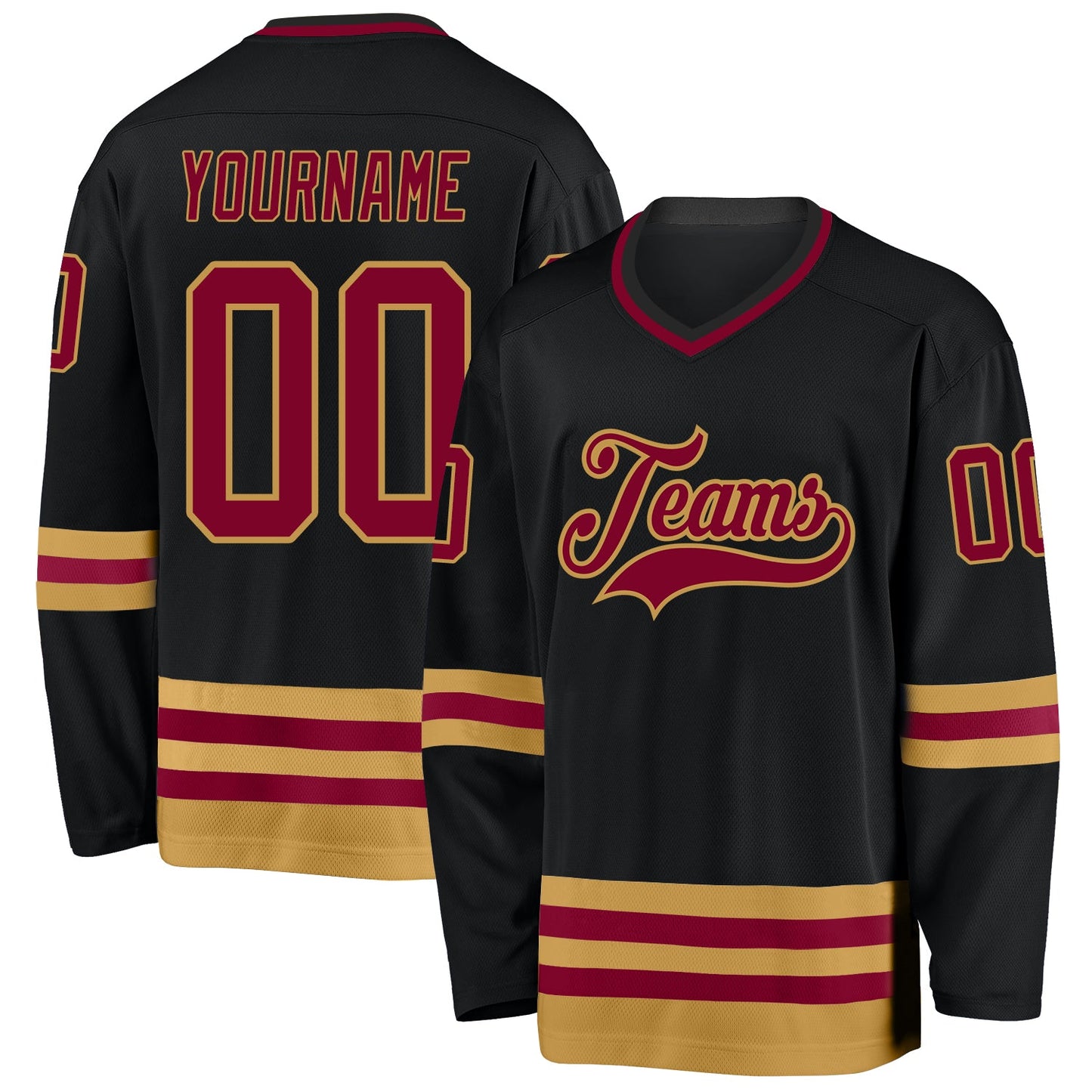 Custom Black Maroon-Old Gold Hockey Jersey - Main View