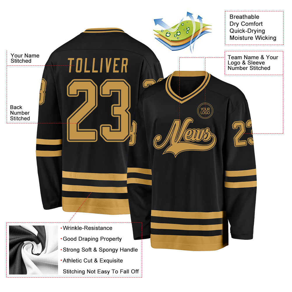 Custom Black Old Gold Hockey Jersey view 3