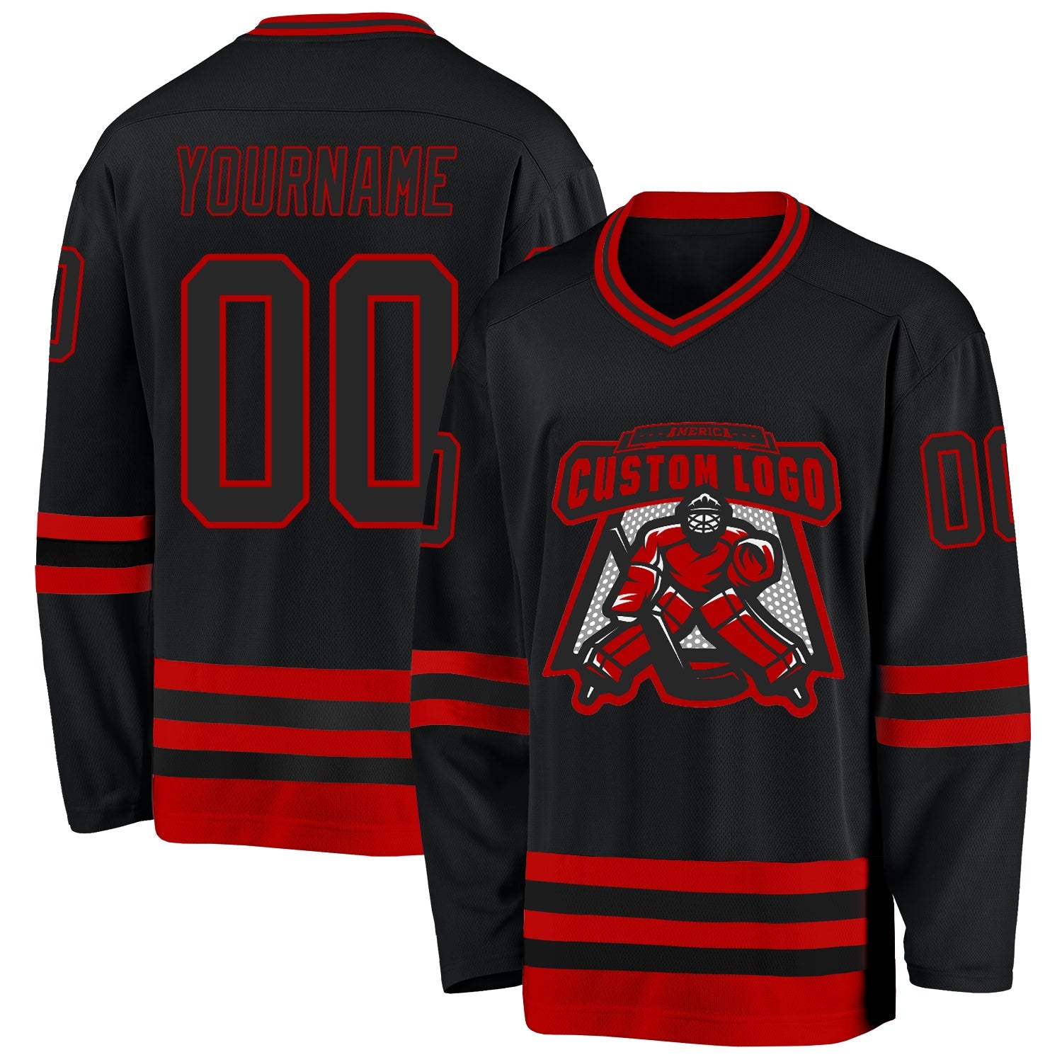 Custom Black Red Hockey Jersey view 2