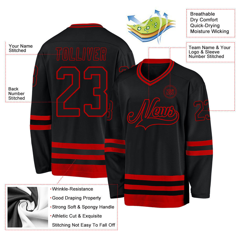 Custom Black Red Hockey Jersey view 3
