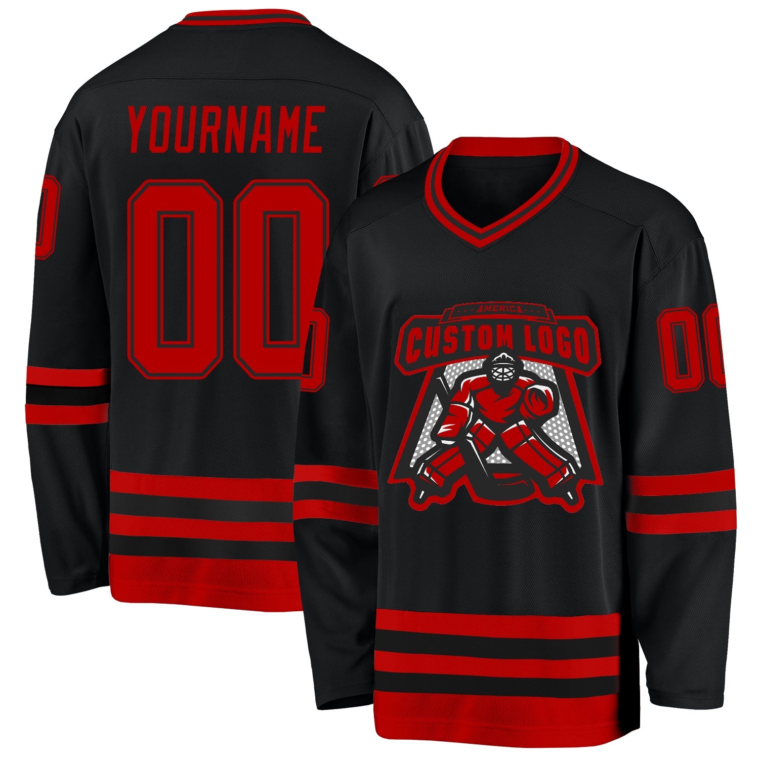 Custom Black Red Hockey Jersey view 2