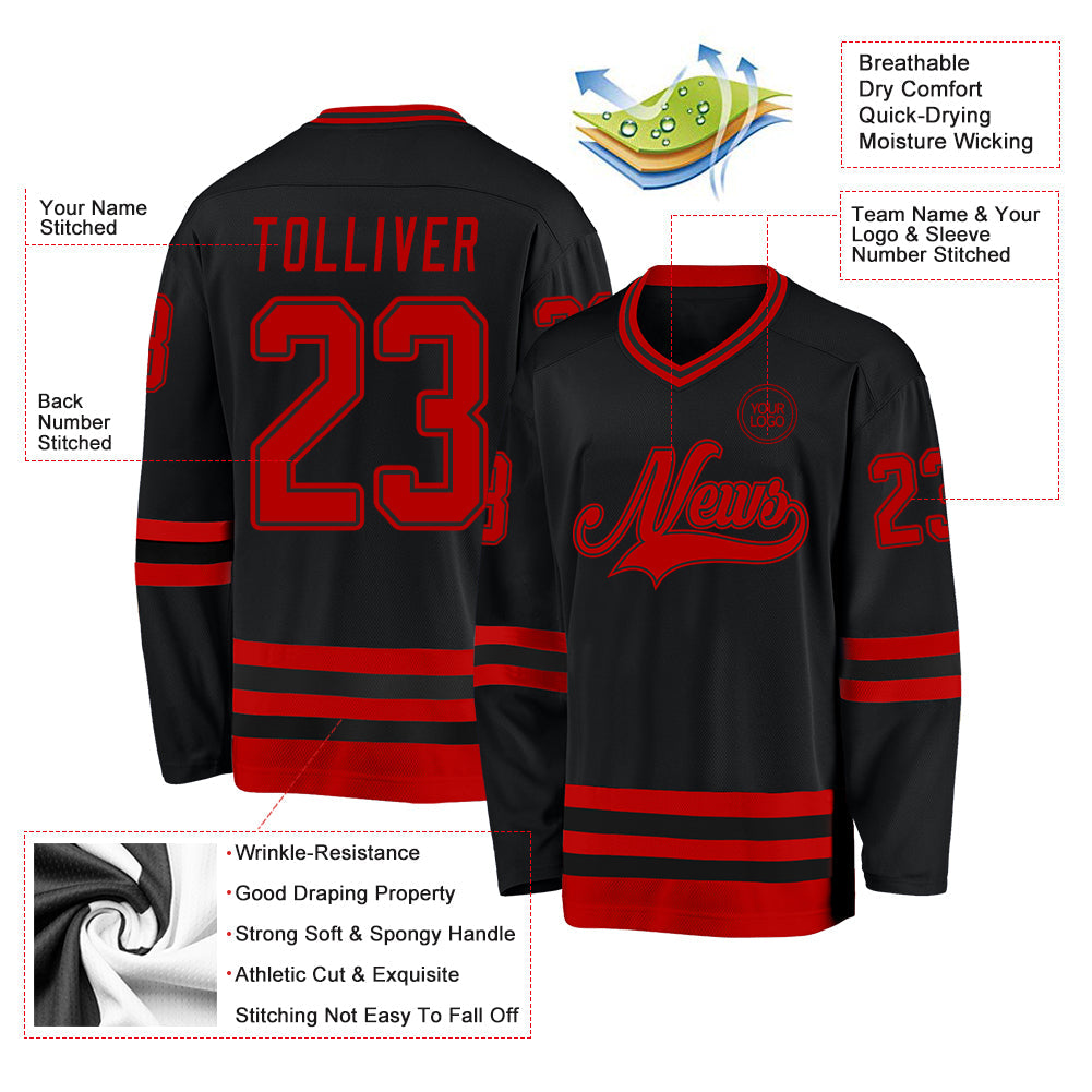 Custom Black Red Hockey Jersey view 3