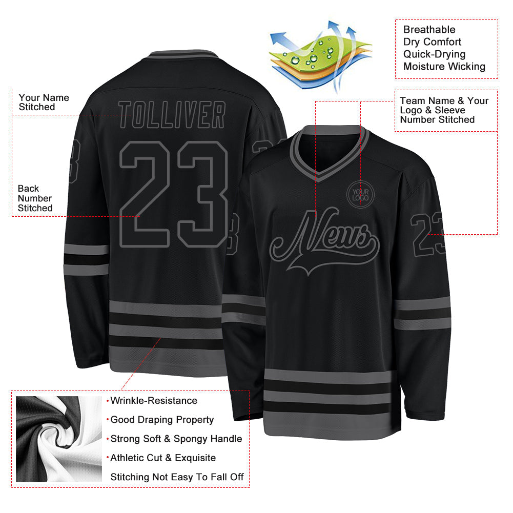 Custom Black Steel Gray Hockey Jersey view 3