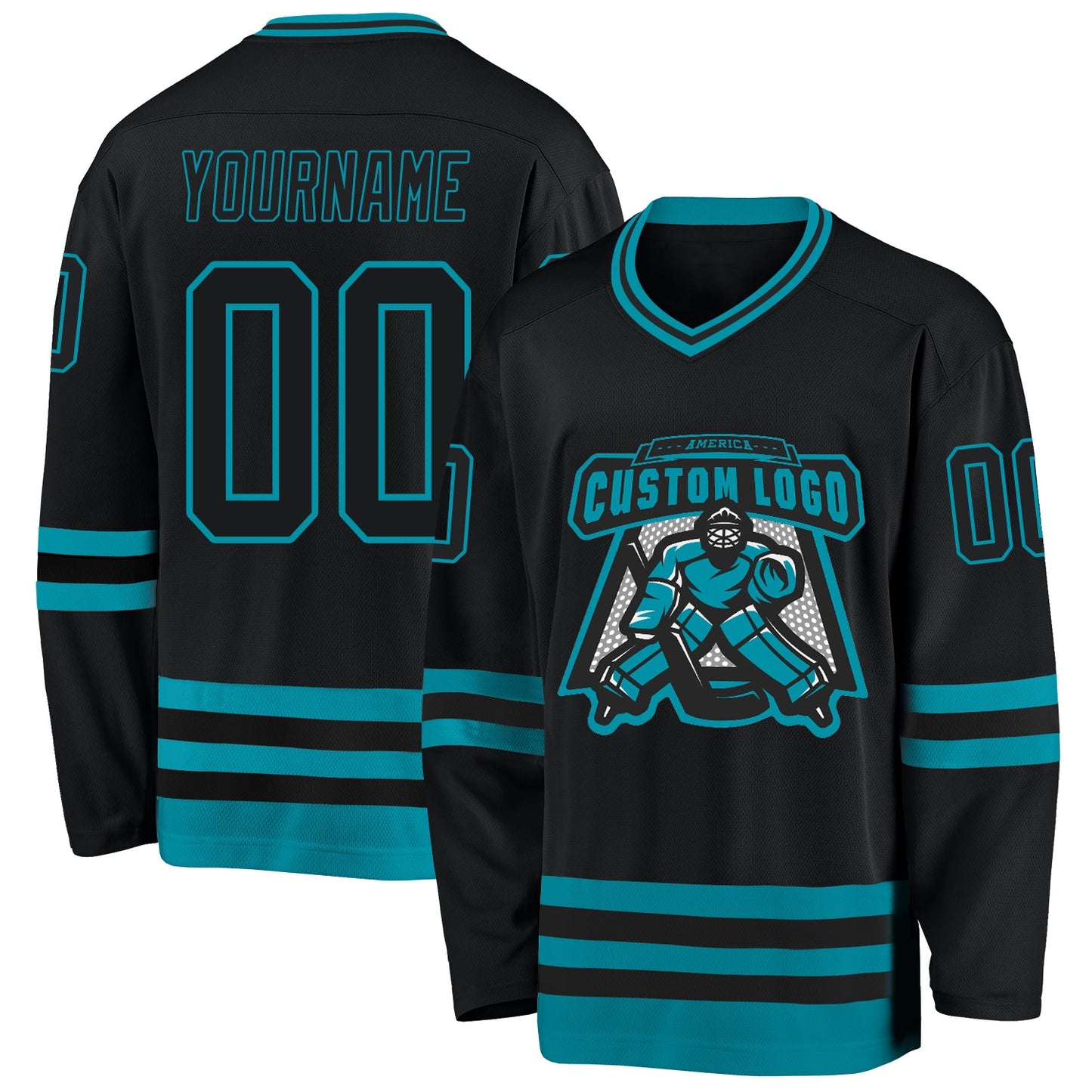 Custom Black Teal Hockey Jersey view 2