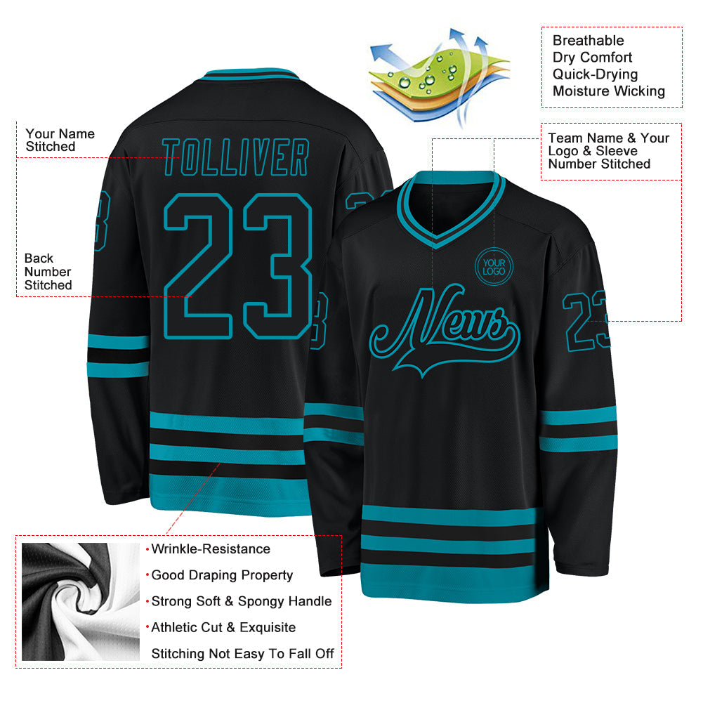 Custom Black Teal Hockey Jersey view 3