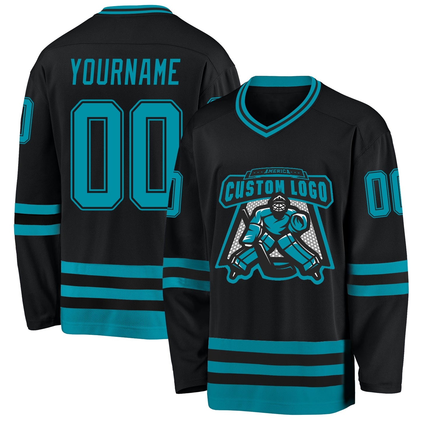 Custom Black Teal Hockey Jersey view 2