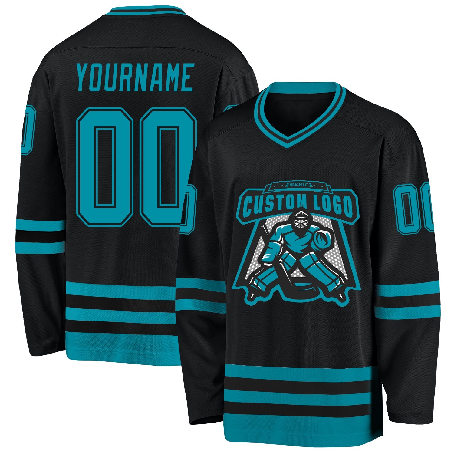 Custom Black Teal Hockey Jersey view 2