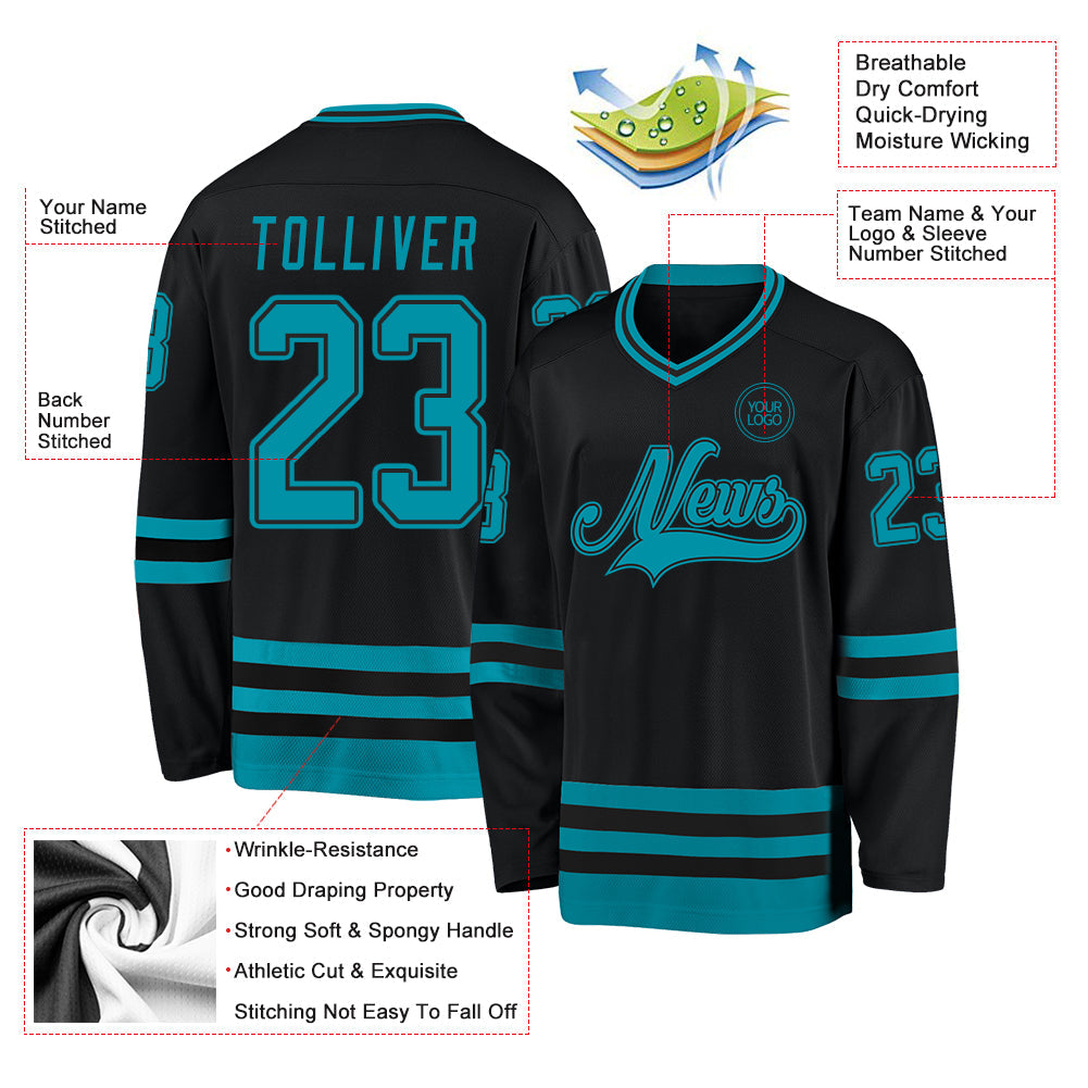 Custom Black Teal Hockey Jersey view 3