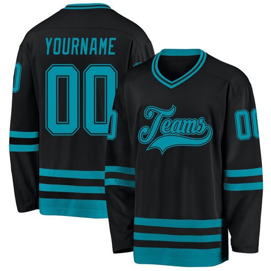 Custom Black Teal Hockey Jersey - Main View