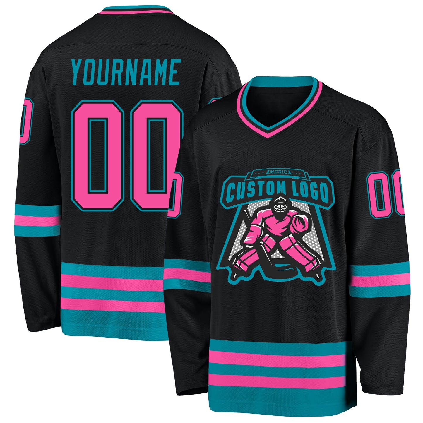 Custom Black Pink-Teal Hockey Jersey view 2