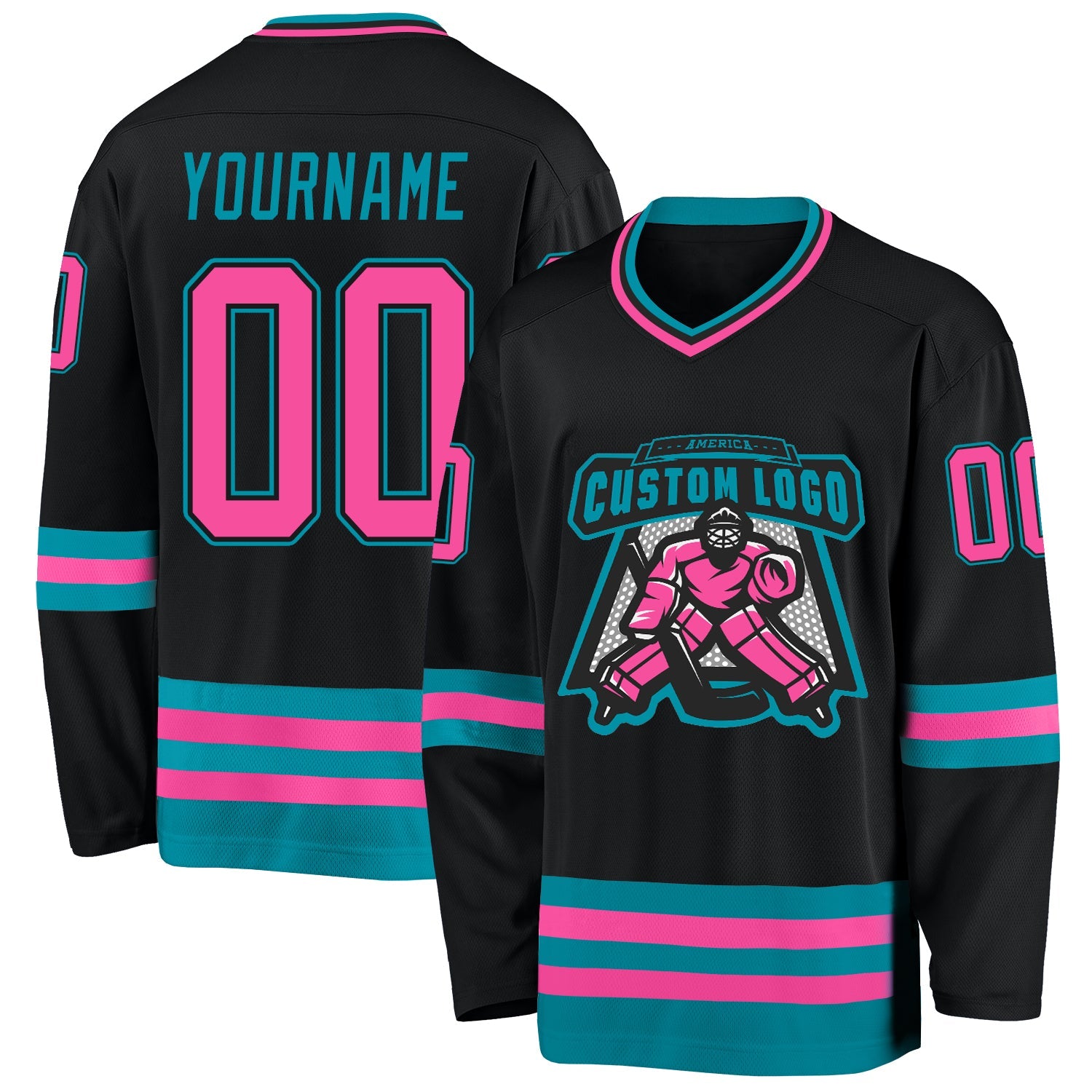 Custom Black Pink-Teal Hockey Jersey view 2