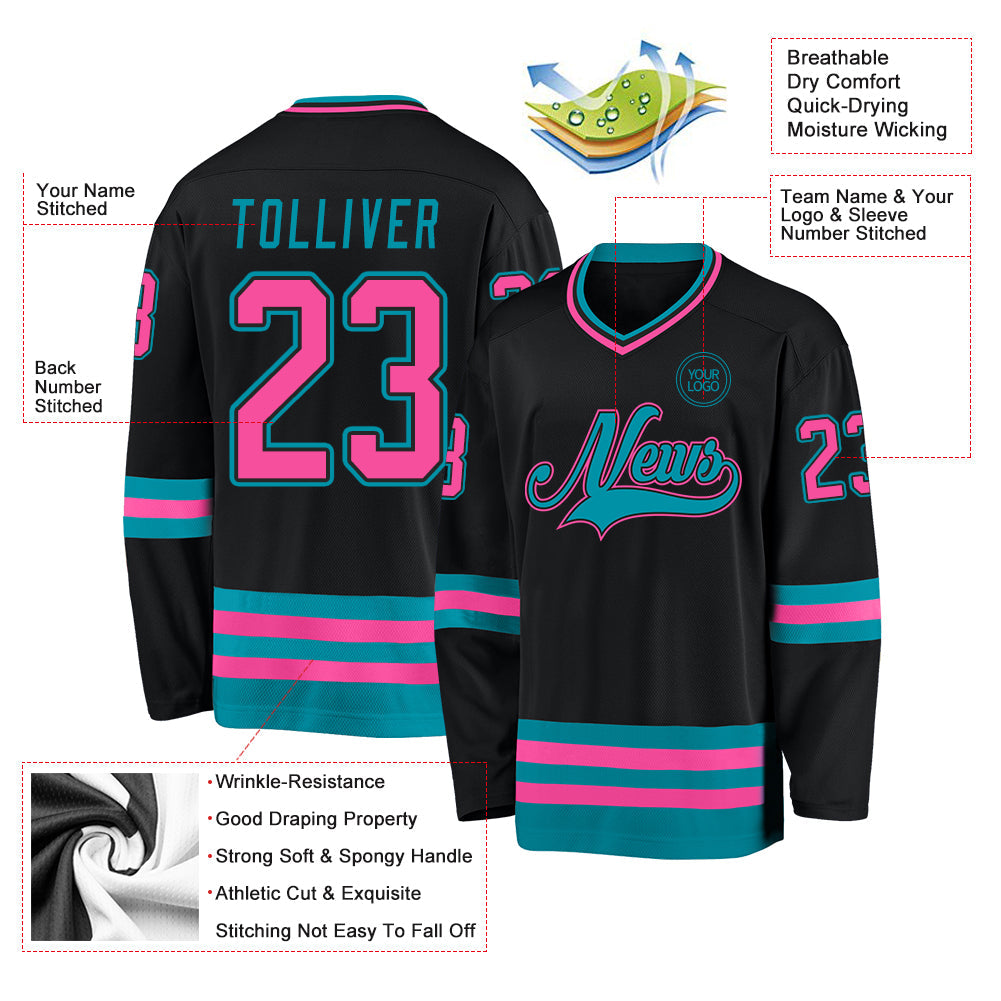 Custom Black Pink-Teal Hockey Jersey view 3