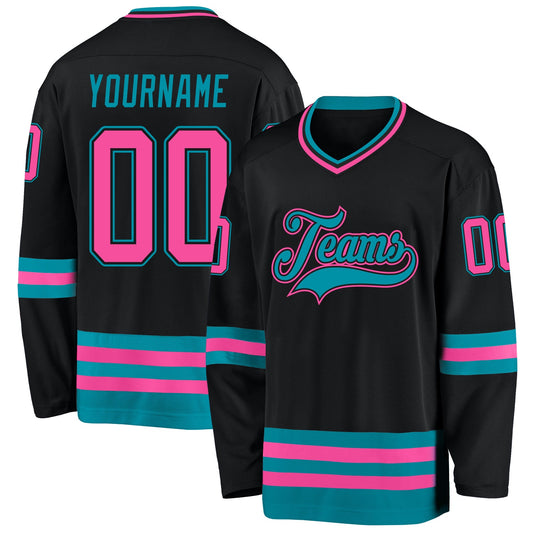 Custom Black Pink-Teal Hockey Jersey - Main View