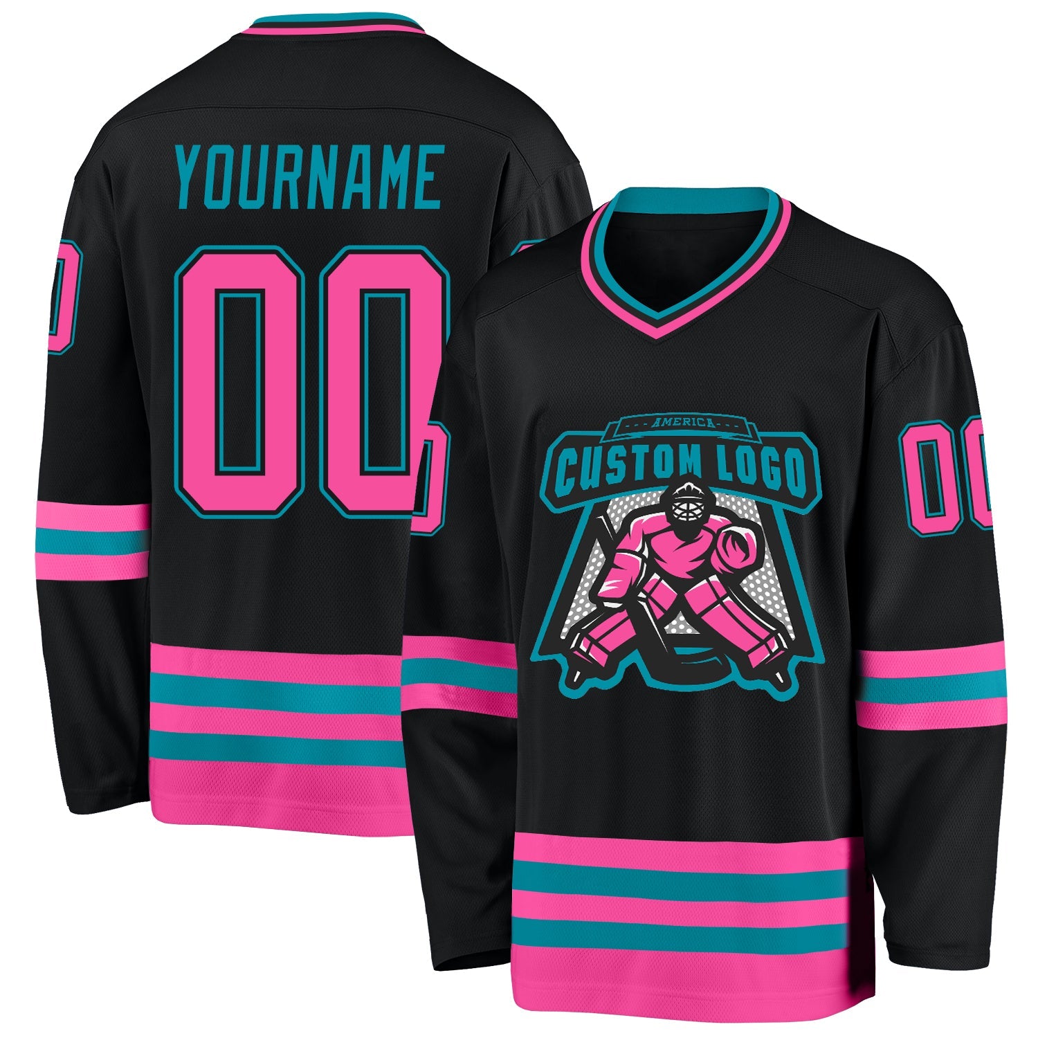 Custom Black Pink-Teal Hockey Jersey view 2