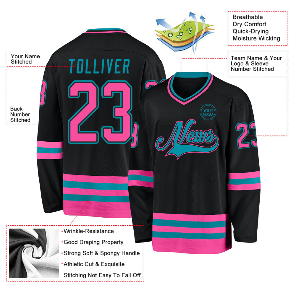 Custom Black Pink-Teal Hockey Jersey view 3