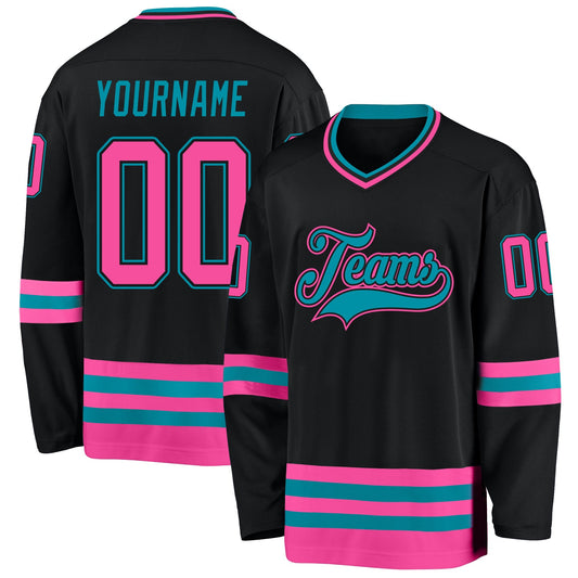 Custom Black Pink-Teal Hockey Jersey - Main View