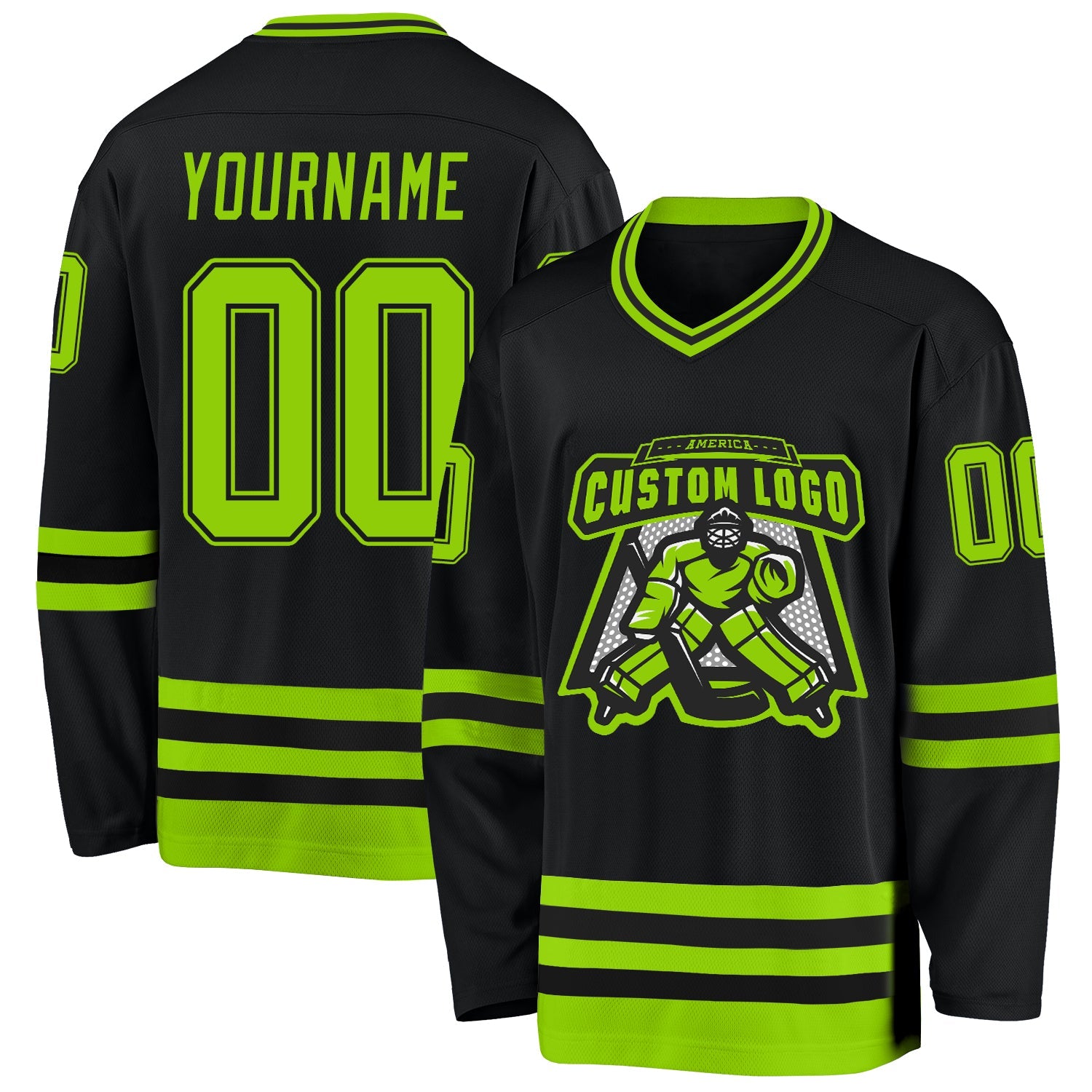 Custom Black Neon Green Hockey Jersey view 2