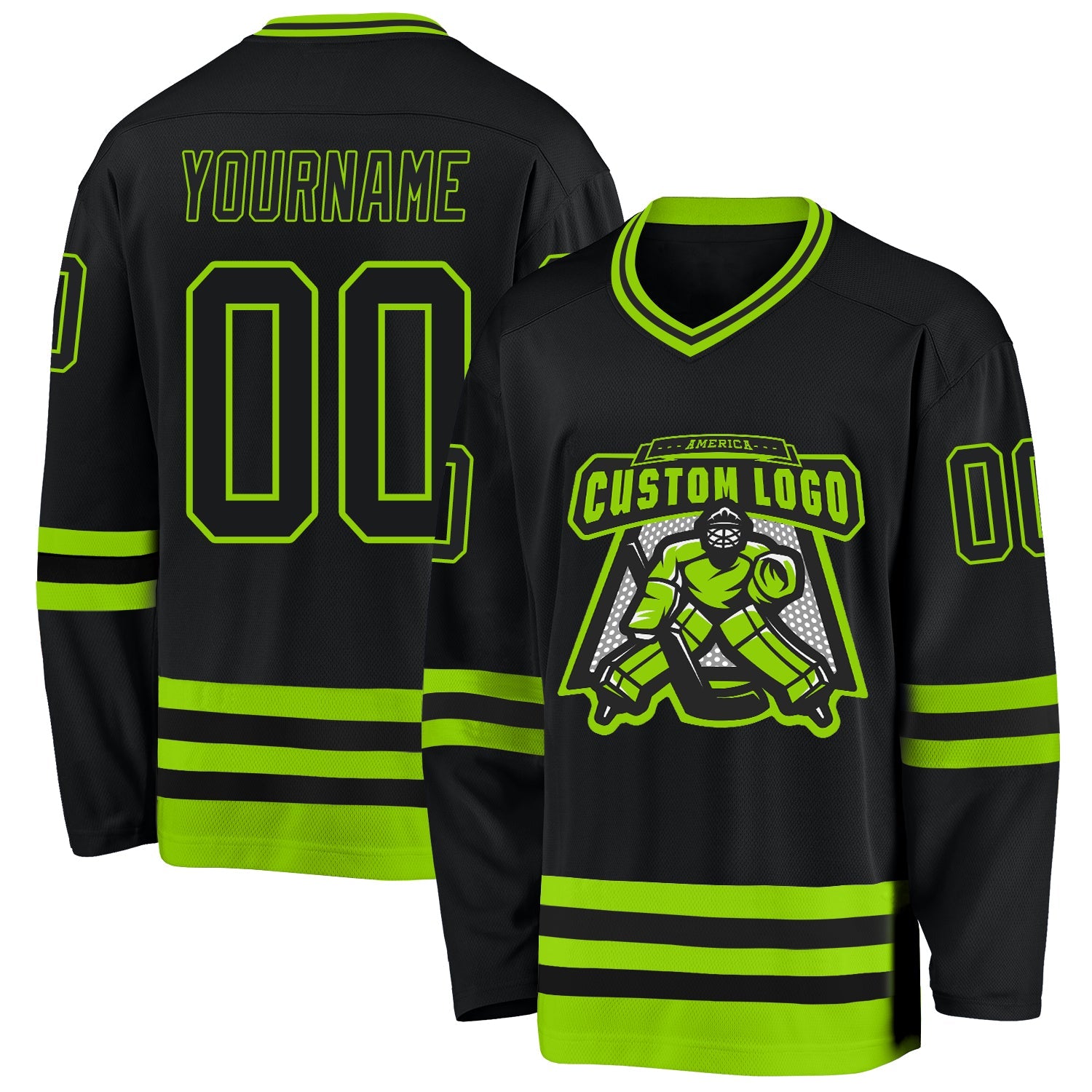 Custom Black Neon Green Hockey Jersey view 2