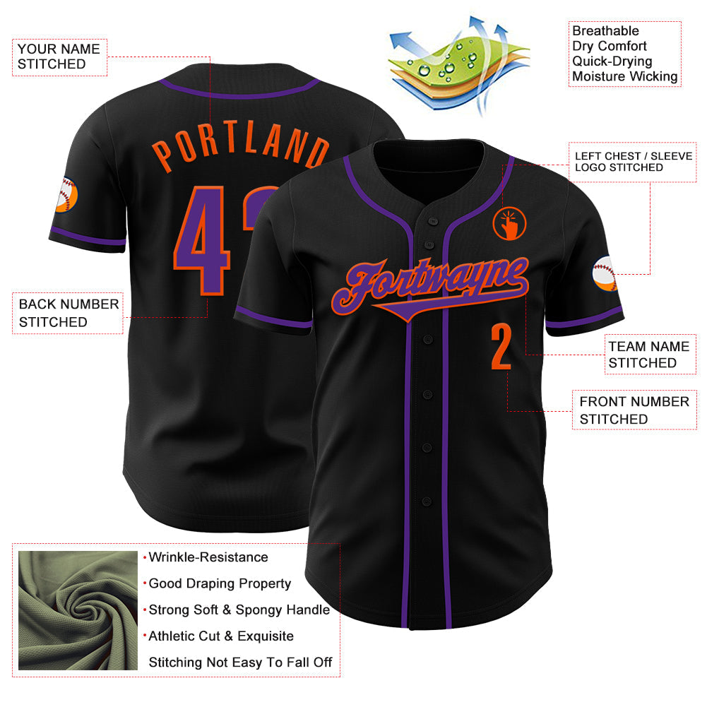 Custom Black Purple-Orange Authentic Baseball Jersey view 3