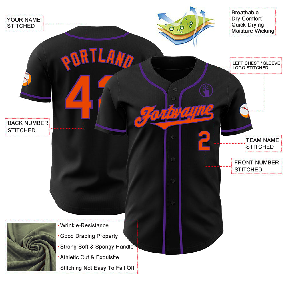 Custom Black Orange-Purple Authentic Baseball Jersey view 3