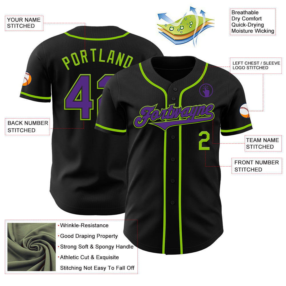 Custom Black Purple-Neon Green Authentic Baseball Jersey view 3