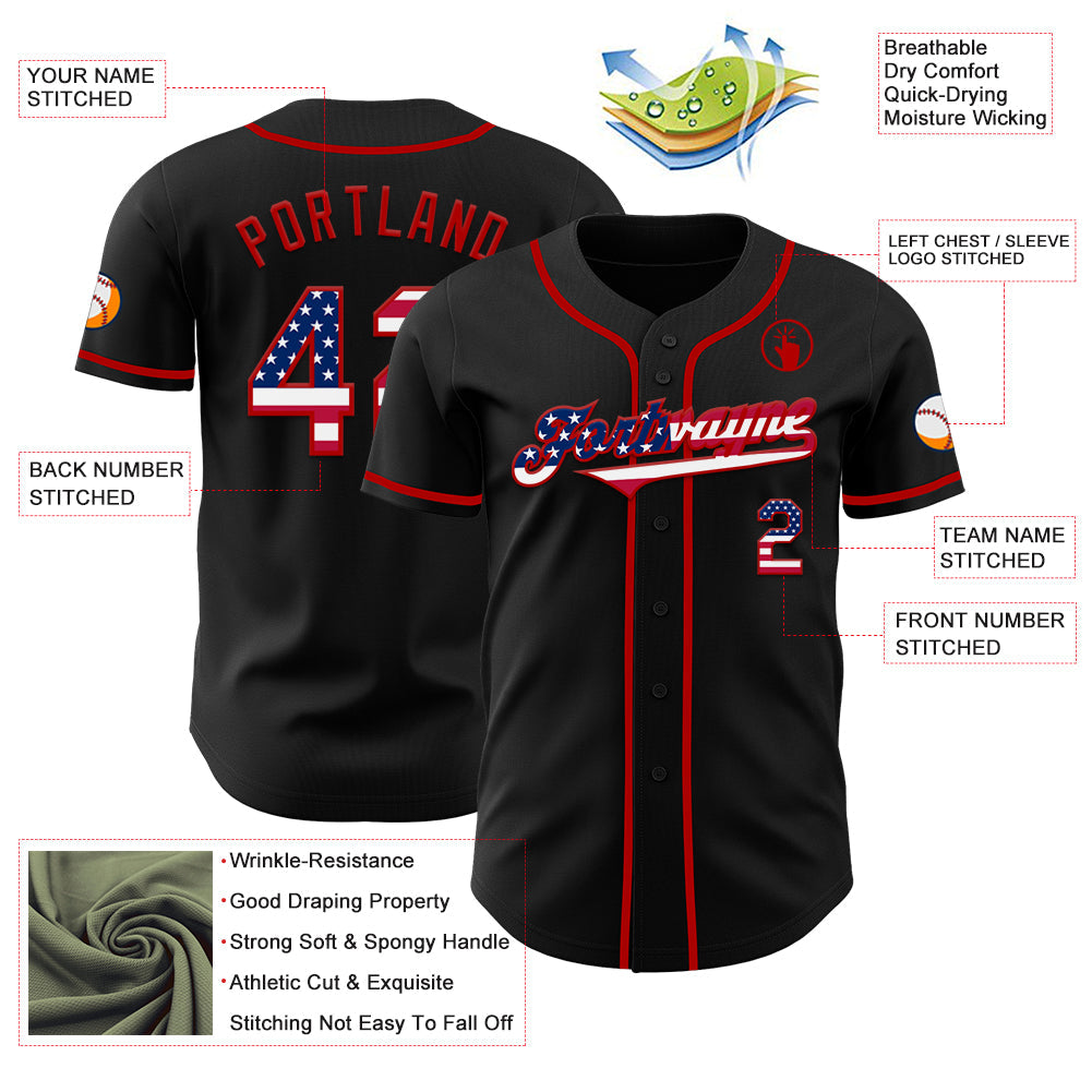 Custom Black USA Flag-Red Authentic Baseball Jersey view 3