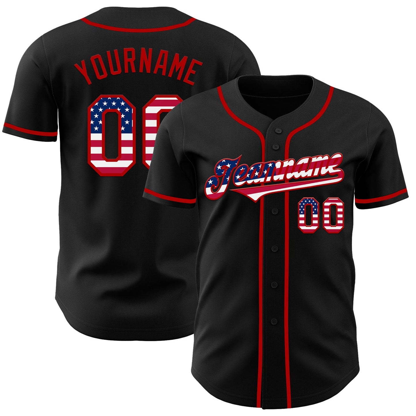 Custom Black USA Flag-Red Authentic Baseball Jersey - Main View