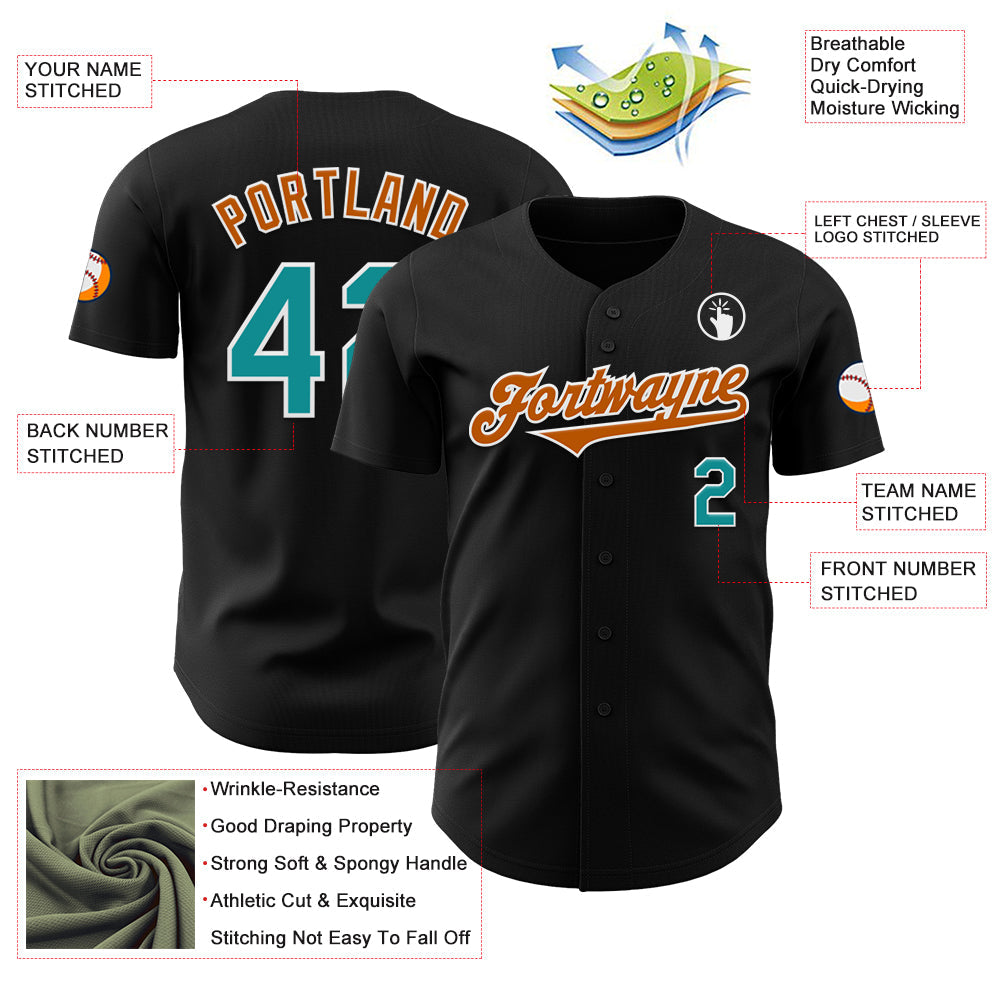 Custom Black Teal-Texas Orange Authentic Baseball Jersey view 3