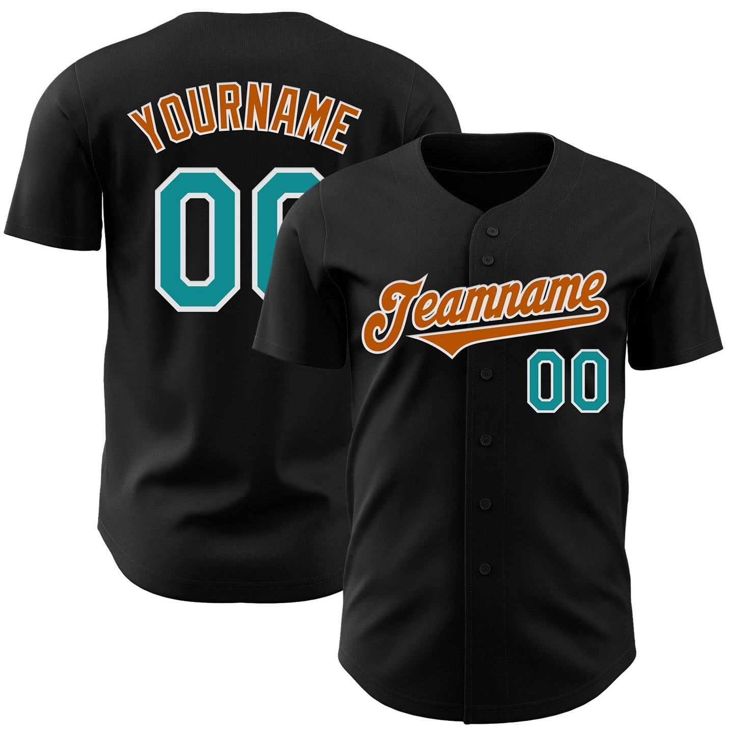 Custom Black Teal-Texas Orange Authentic Baseball Jersey - Main View