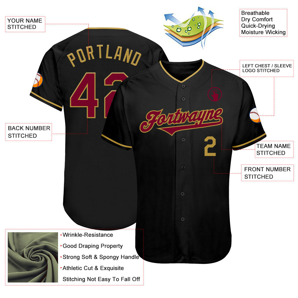 Custom Black Maroon-Old Gold Authentic Baseball Jersey view 3