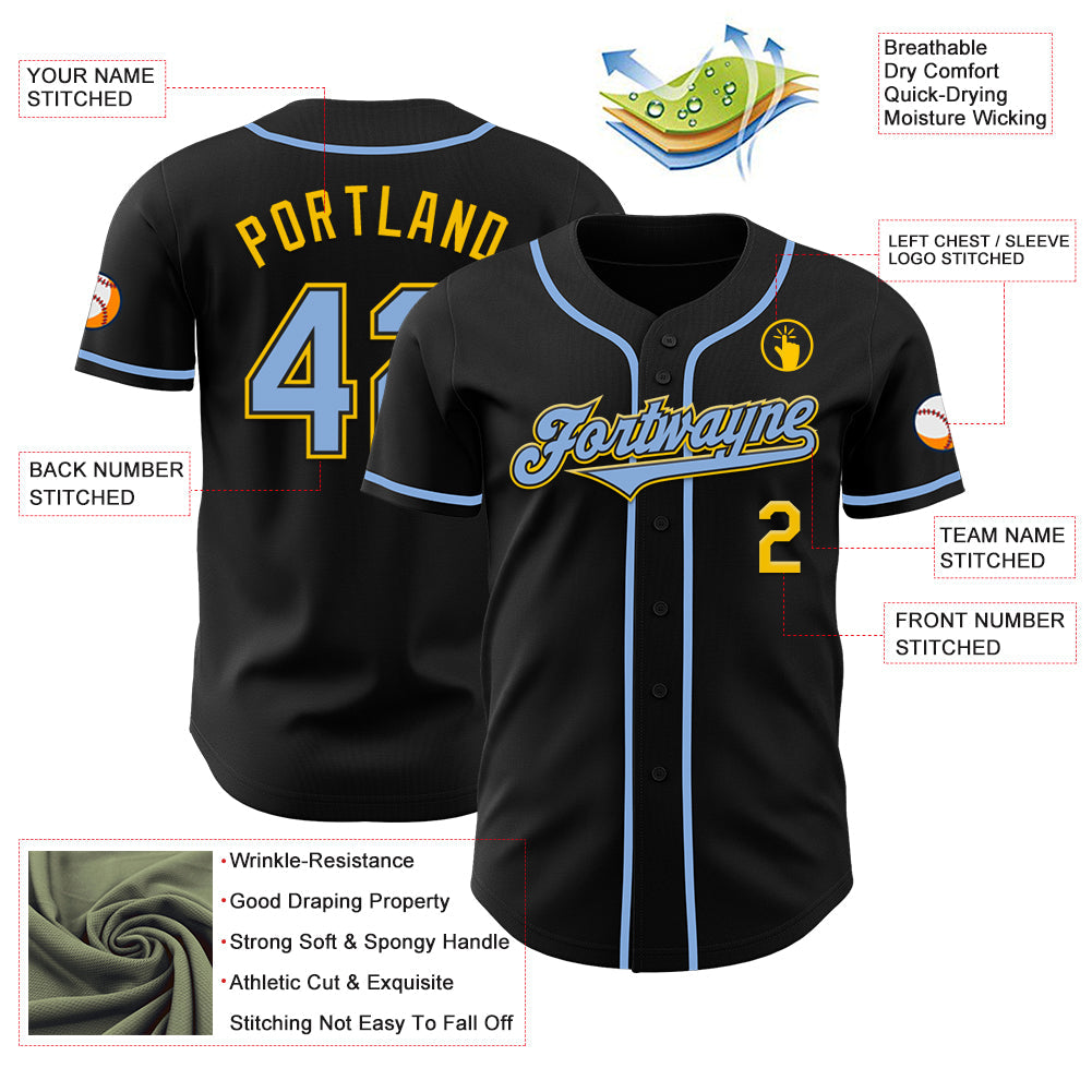 Custom Black Light Blue-Yellow Authentic Baseball Jersey view 3
