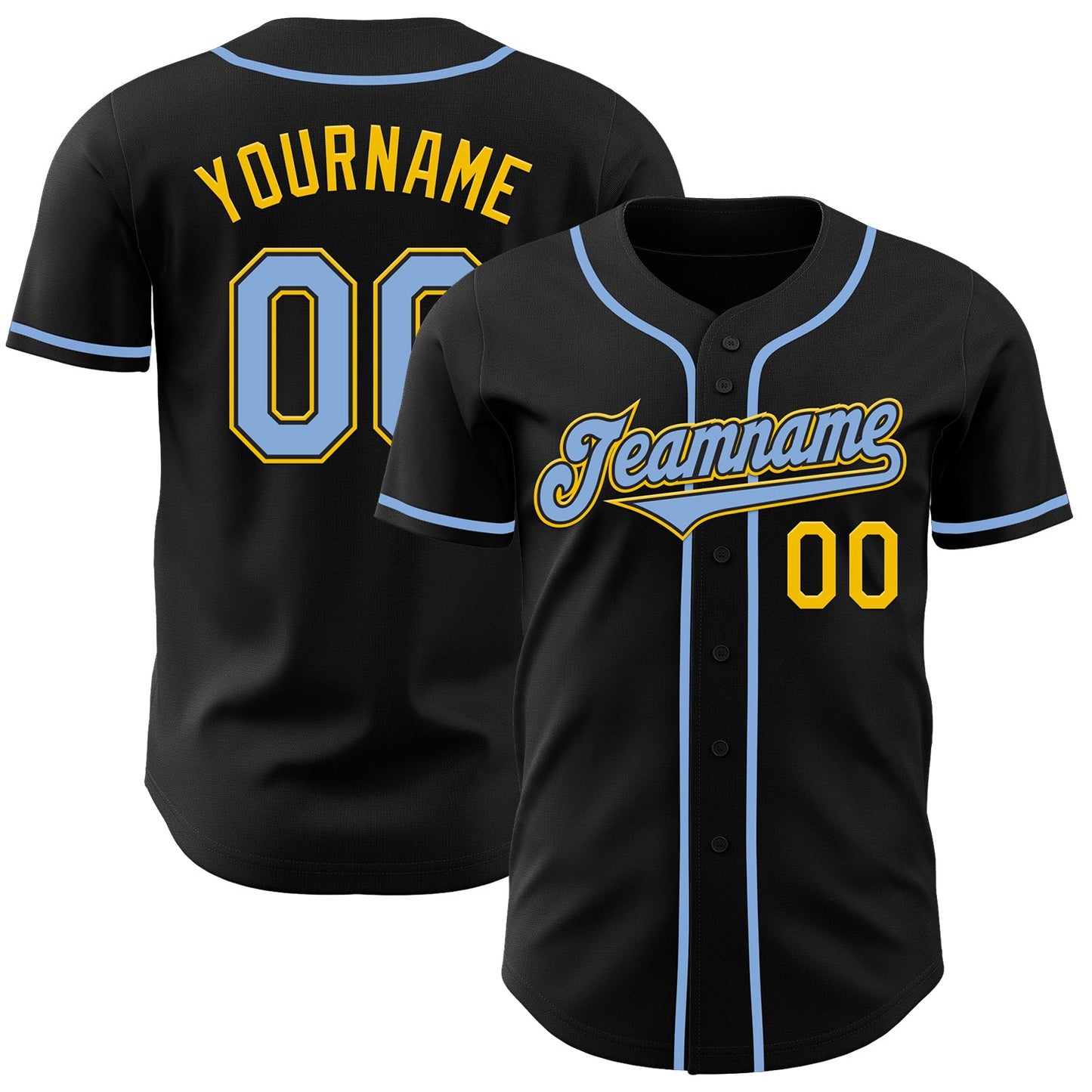 Custom Black Light Blue-Yellow Authentic Baseball Jersey - Main View