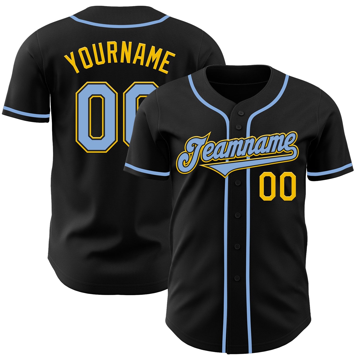 Custom Black Light Blue-Yellow Authentic Baseball Jersey - Main View